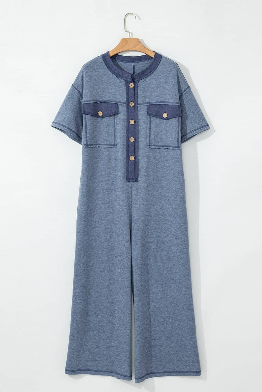 Beau Blue Half Placket Chest Pockets Short Sleeve Wide Leg Jumpsuit Beau Blue Half Placket Chest Pockets Short Sleeve Wide Leg Jumpsuit