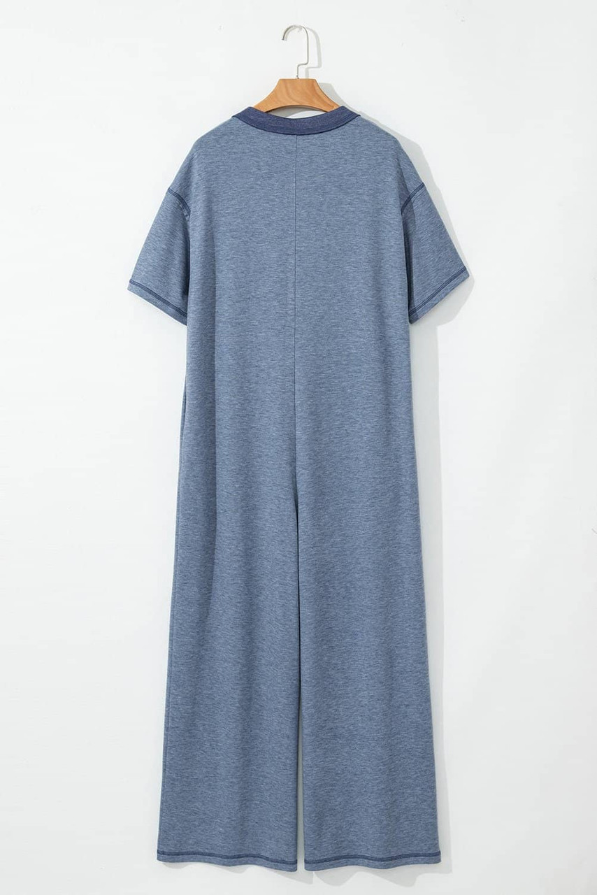 Beau Blue Half Placket Chest Pockets Short Sleeve Wide Leg Jumpsuit Beau Blue Half Placket Chest Pockets Short Sleeve Wide Leg Jumpsuit