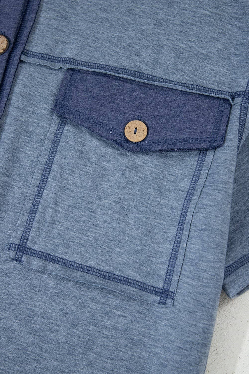 Beau Blue Half Placket Chest Pockets Short Sleeve Wide Leg Jumpsuit Beau Blue Half Placket Chest Pockets Short Sleeve Wide Leg Jumpsuit