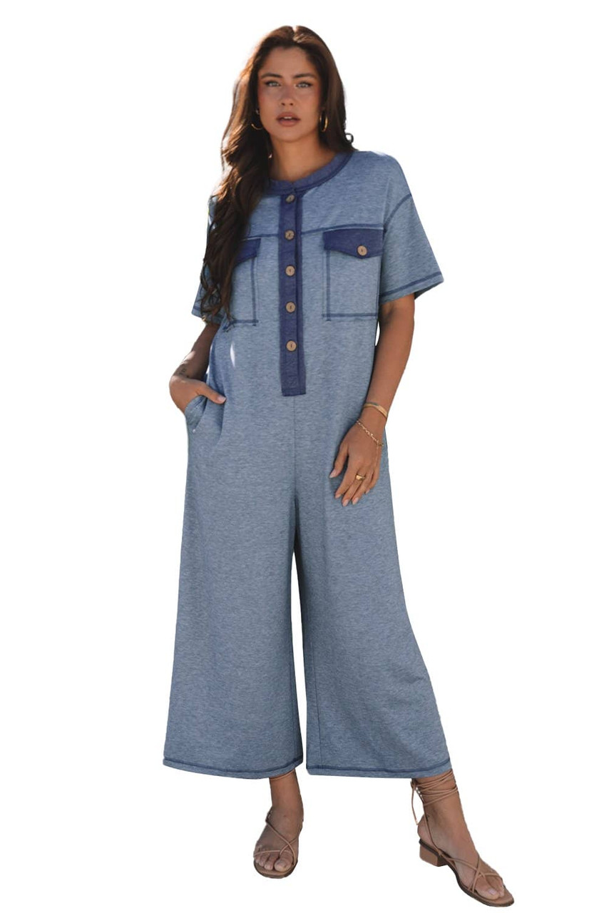 Beau Blue Half Placket Chest Pockets Short Sleeve Wide Leg Jumpsuit Beau Blue Half Placket Chest Pockets Short Sleeve Wide Leg Jumpsuit