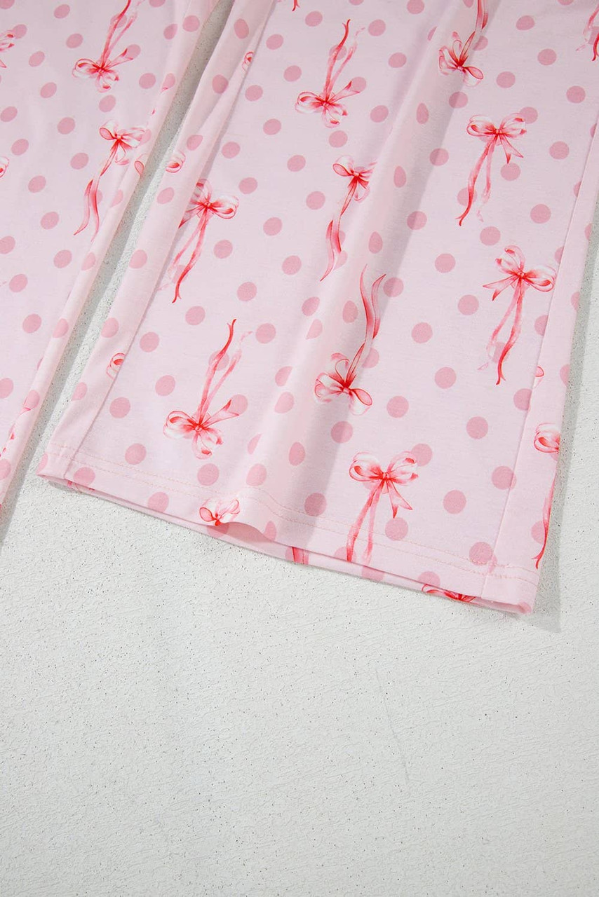 Pink Bow Knot Polka Dot Print Short Sleeve Top Lounge Set