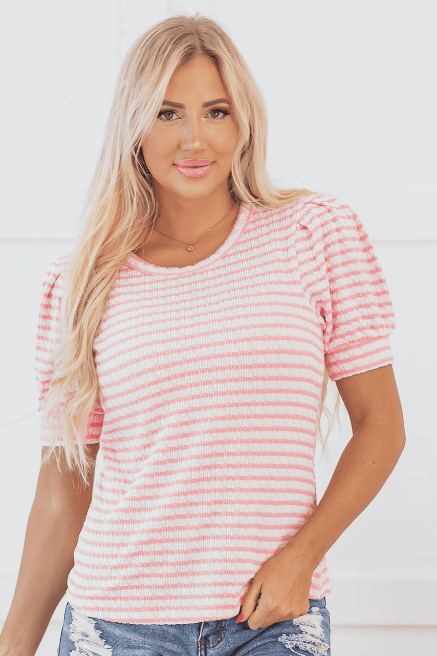 Pink Stripe Textured Puff Sleeve Crewneck Top