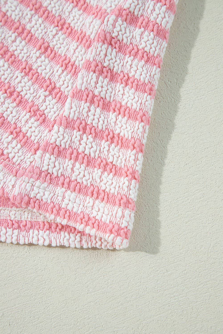 Pink Stripe Textured Puff Sleeve Crewneck Top