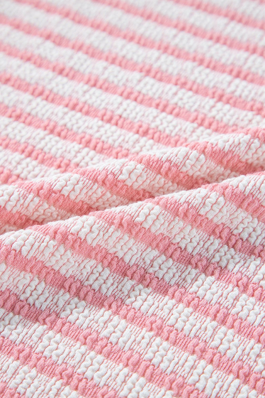 Pink Stripe Textured Puff Sleeve Crewneck Top