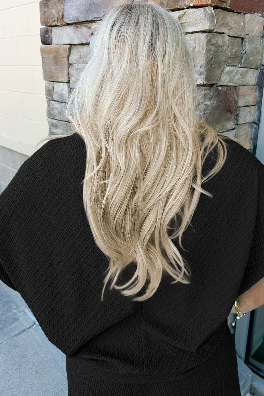 Black Textured Batwing Sleeve Tee Wide Leg Pants Plus Size Set