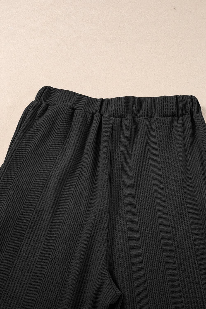 Black Solid Color Ribbed Ruffle Tank Top and Pants Set