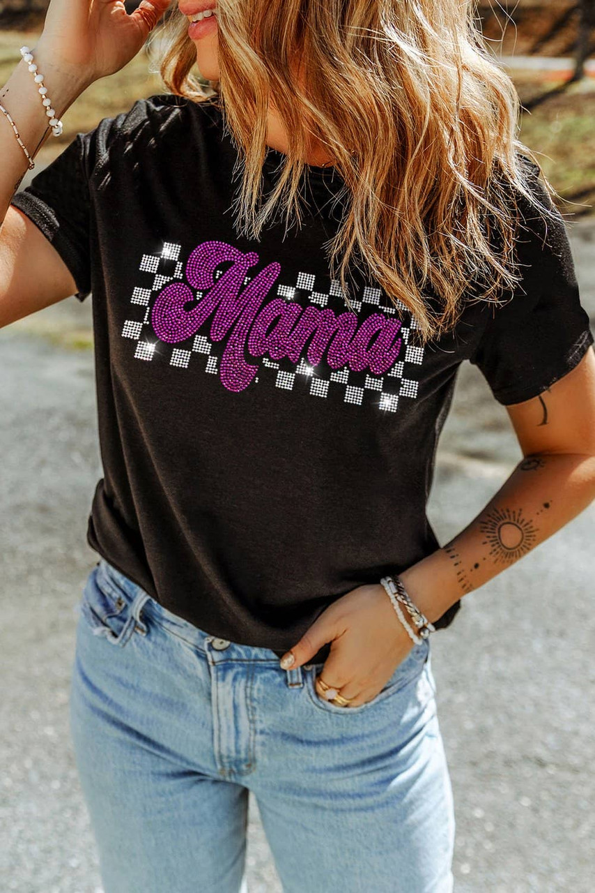 Black Rhinestone Mama Letter Graphic T Shirt Black Rhinestone Mama Letter Graphic T Shirt