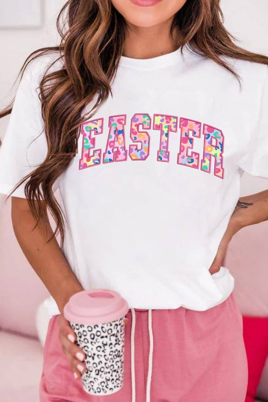 White Cheerful Leopard EASTER Letter Graphic Tee