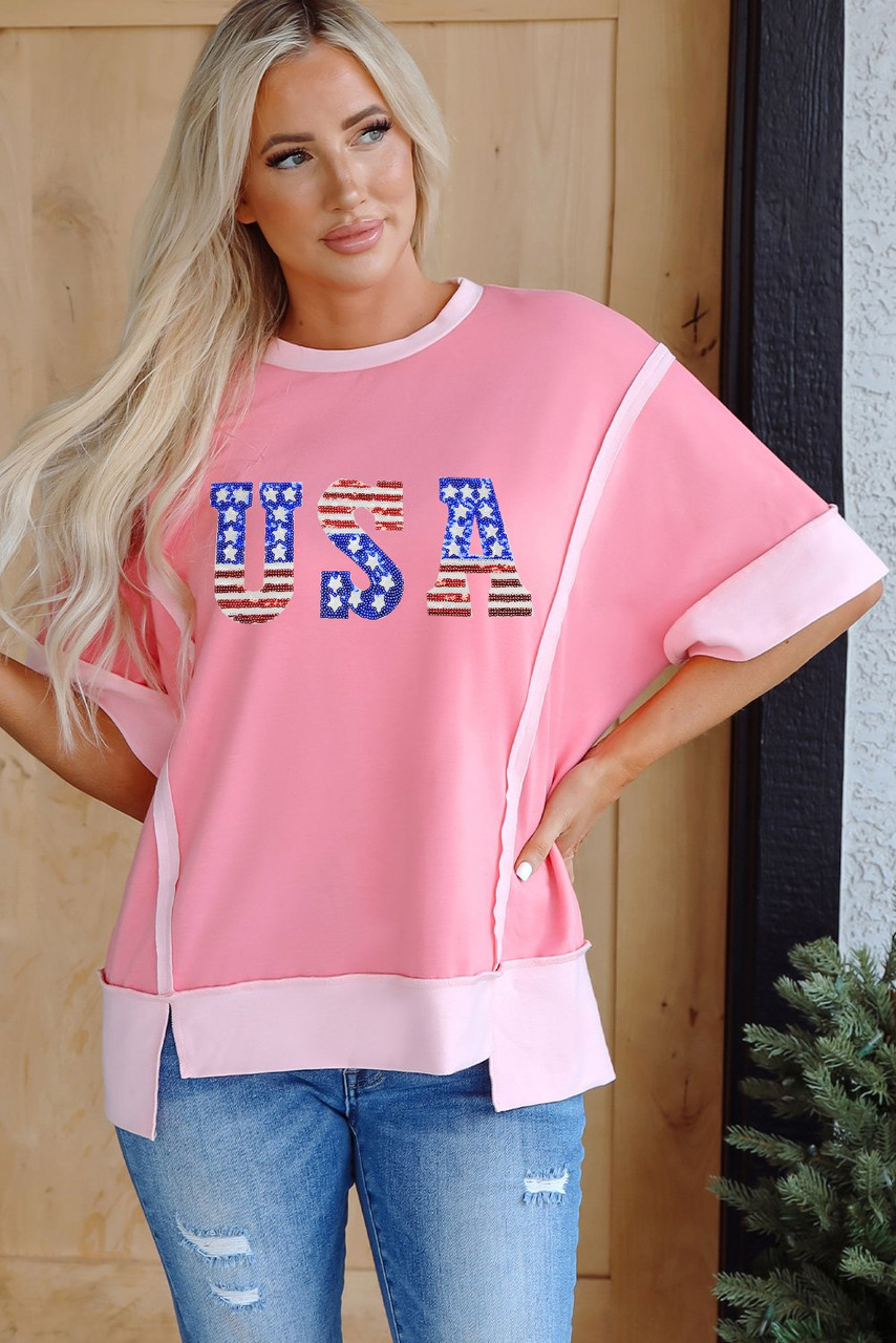 Peach Blossom USA Color Block High Low Crew Neck T Shirt
