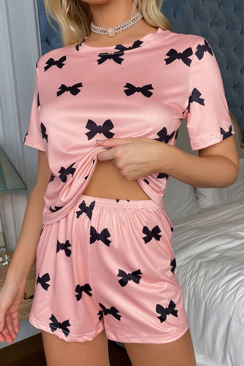 Pink Bow Printed Short 2pcs Lounge Set Pink Bow Printed Short 2pcs Lounge Set