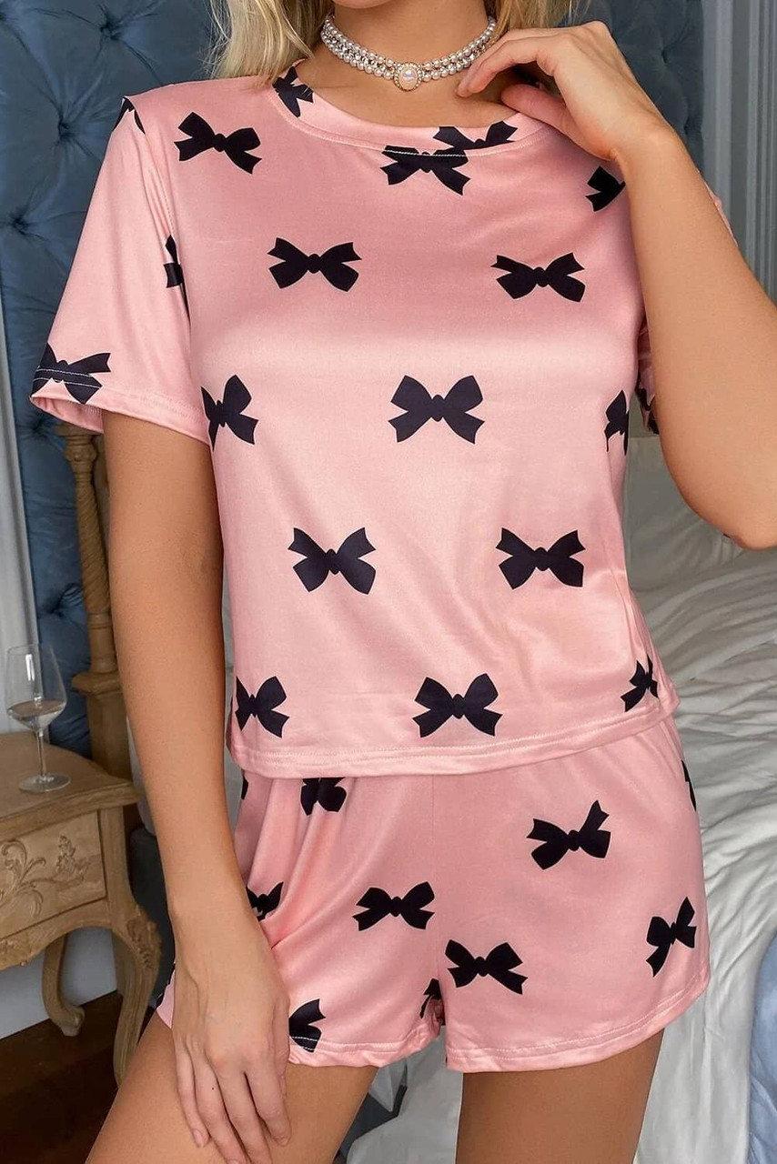 Pink Bow Printed Short 2pcs Lounge Set Pink Bow Printed Short 2pcs Lounge Set