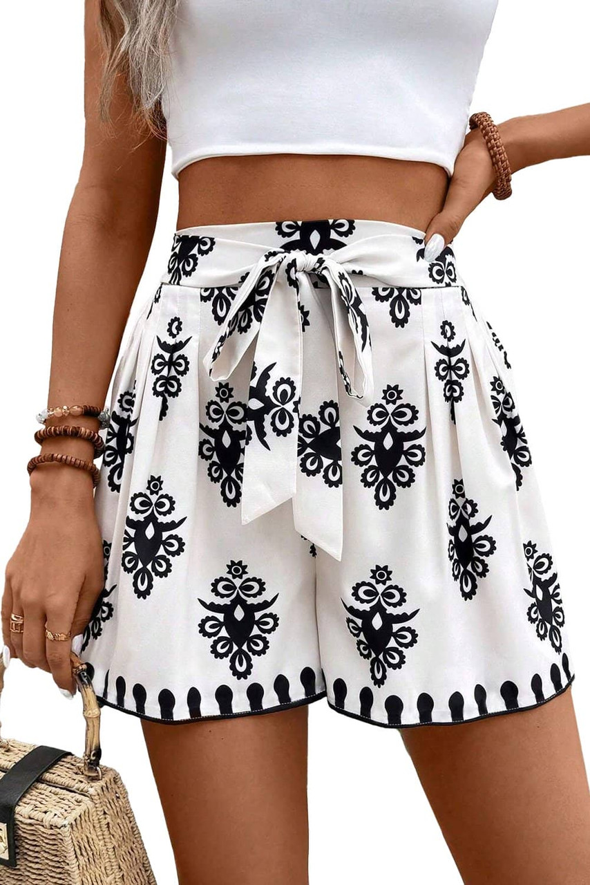 Black Tribal Geometric Print Belted High Waist Casual Shorts
