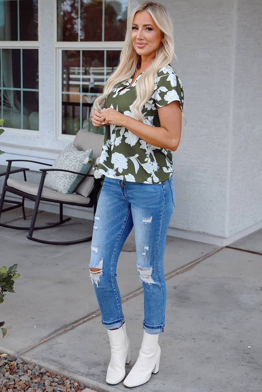 Green Floral Print Split Neck Short Sleeve Blouse Green Floral Print Split Neck Short Sleeve Blouse