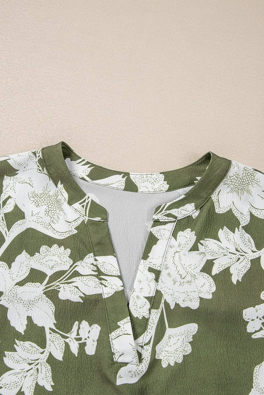 Green Floral Print Split Neck Short Sleeve Blouse Green Floral Print Split Neck Short Sleeve Blouse