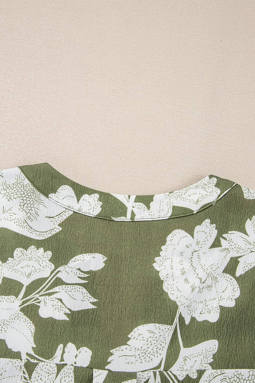 Green Floral Print Split Neck Short Sleeve Blouse Green Floral Print Split Neck Short Sleeve Blouse