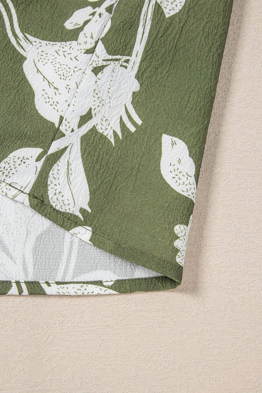 Green Floral Print Split Neck Short Sleeve Blouse Green Floral Print Split Neck Short Sleeve Blouse