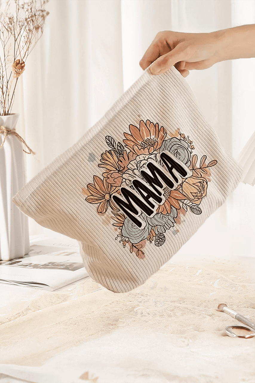 White MAMA Flower Print Corduroy Large Cosmetic Bag White MAMA Flower Print Corduroy Large Cosmetic Bag