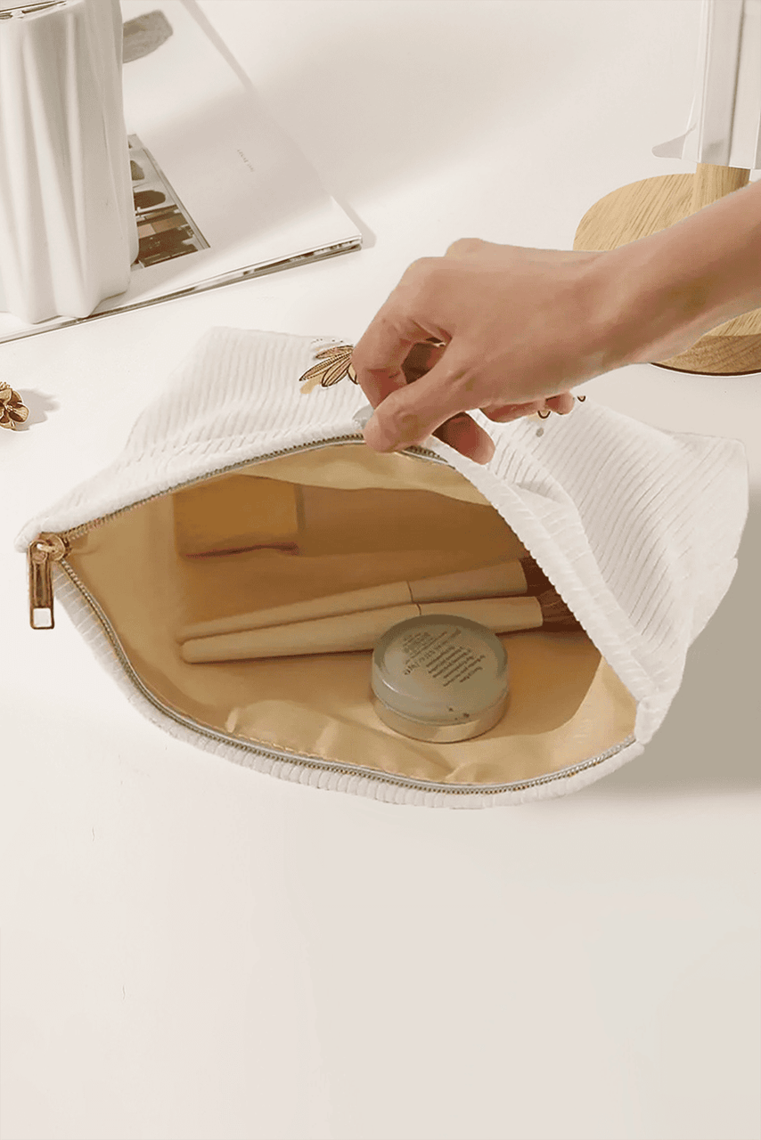 White MAMA Flower Print Corduroy Large Cosmetic Bag White MAMA Flower Print Corduroy Large Cosmetic Bag