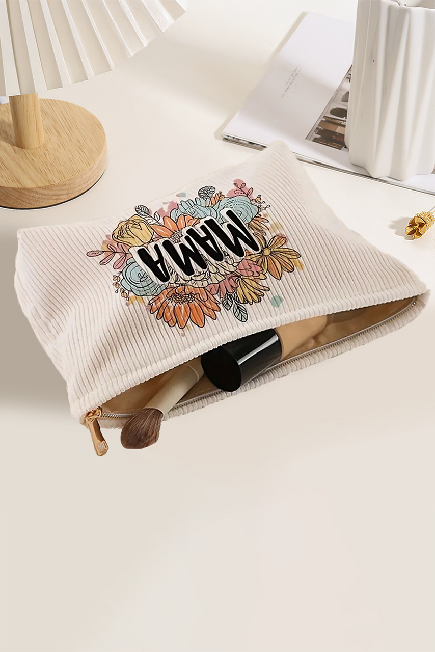 White MAMA Flower Print Corduroy Large Cosmetic Bag White MAMA Flower Print Corduroy Large Cosmetic Bag