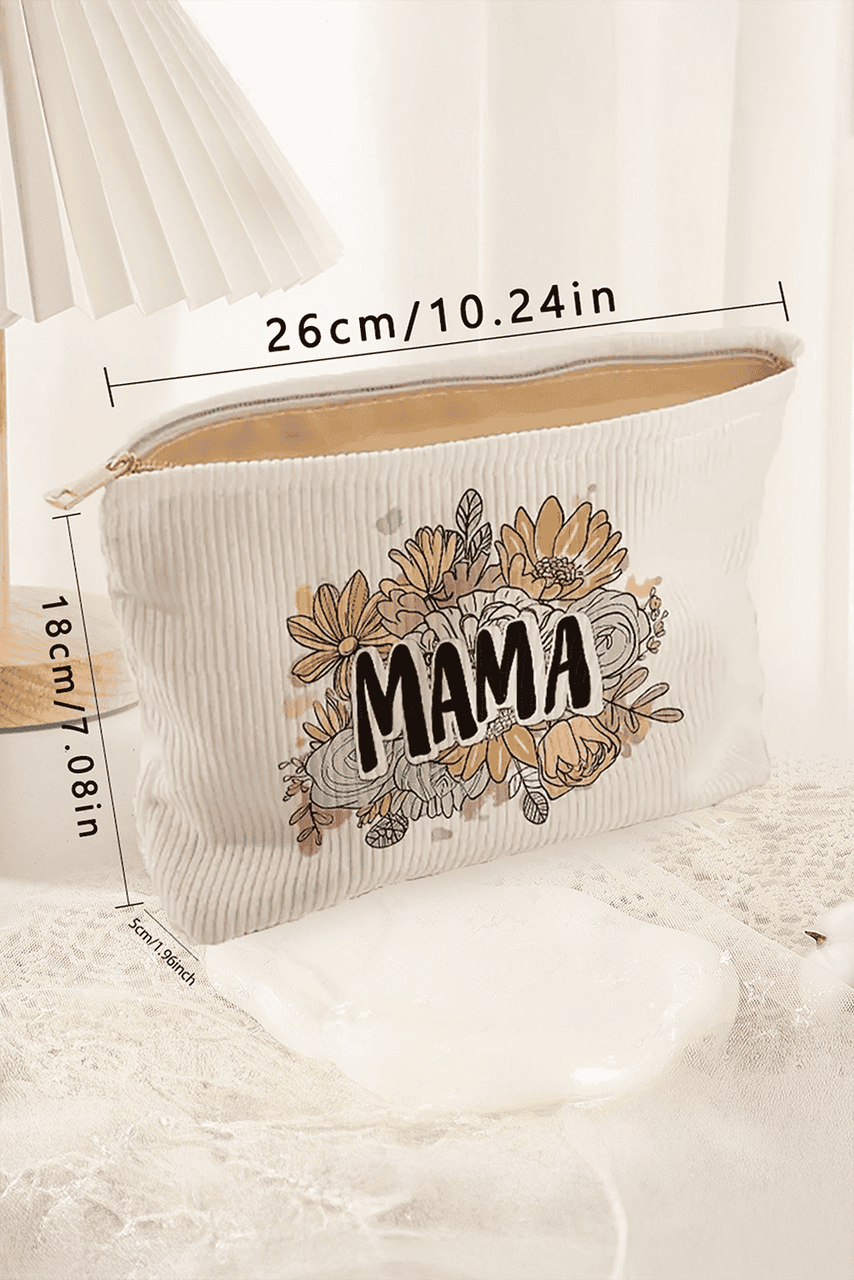 White MAMA Flower Print Corduroy Large Cosmetic Bag White MAMA Flower Print Corduroy Large Cosmetic Bag