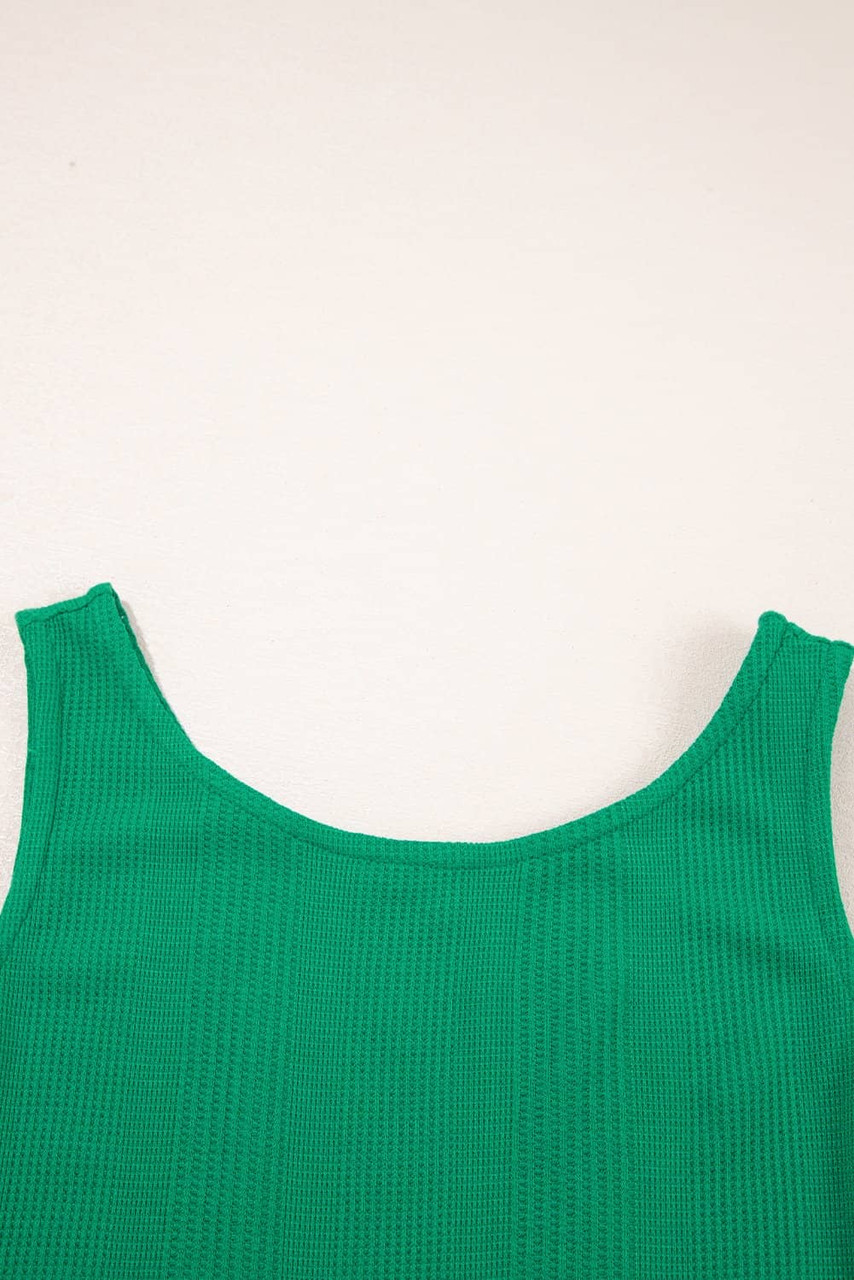 Green Solid Color Ribbed Ruffle Tank Top and Pants Set