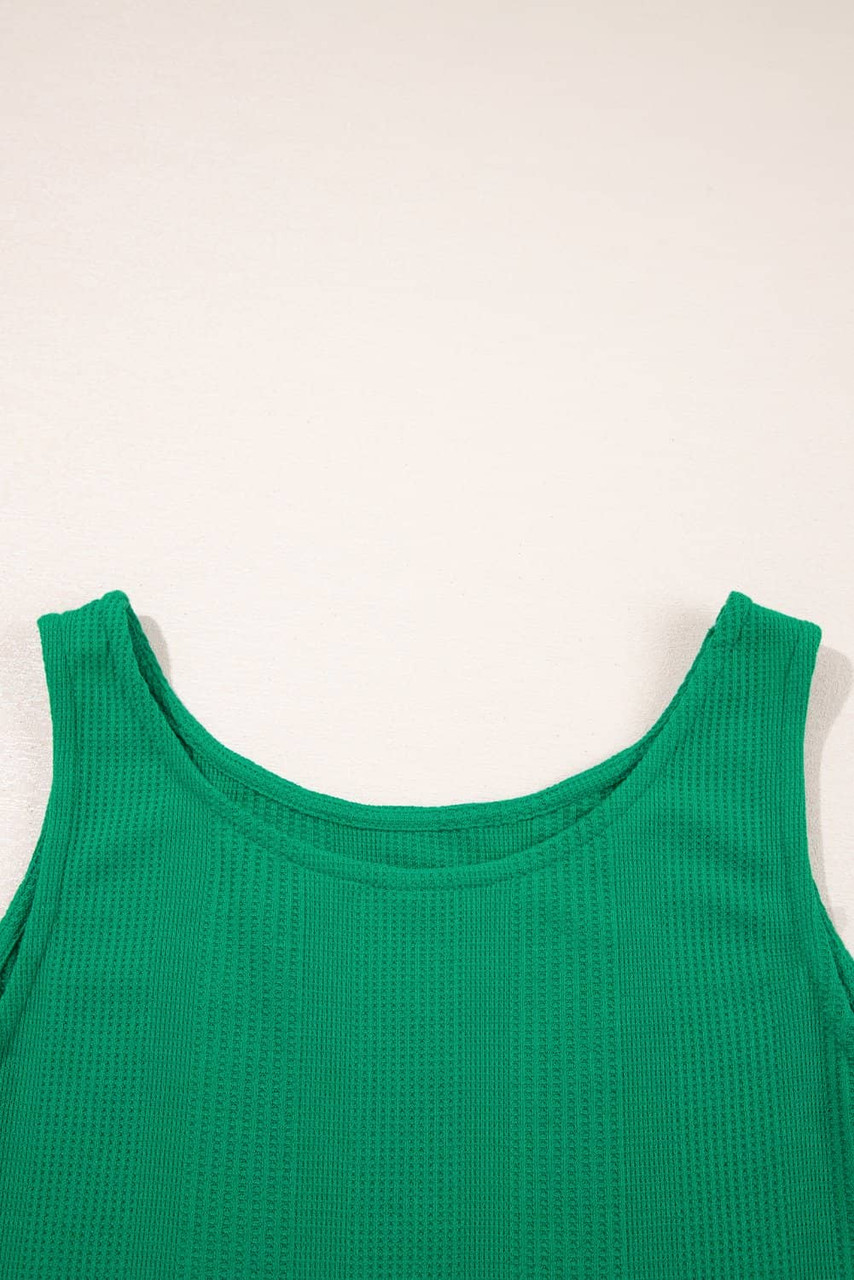 Green Solid Color Ribbed Ruffle Tank Top and Pants Set