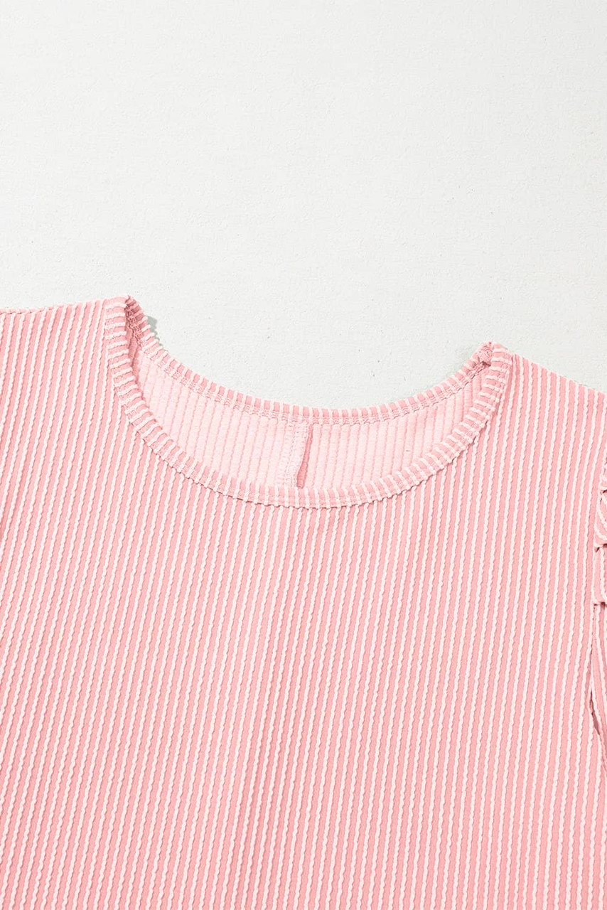 Blossom Corded Knit Crew Neck Puff Sleeve Shift Mini Dress