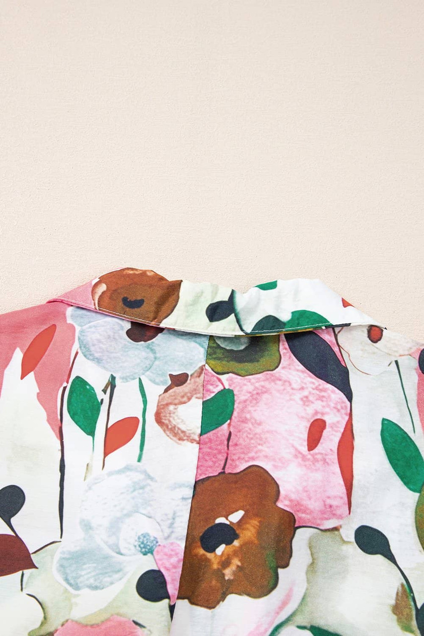 Pink Floral Print Slit V Neck Short Sleeve Blouse