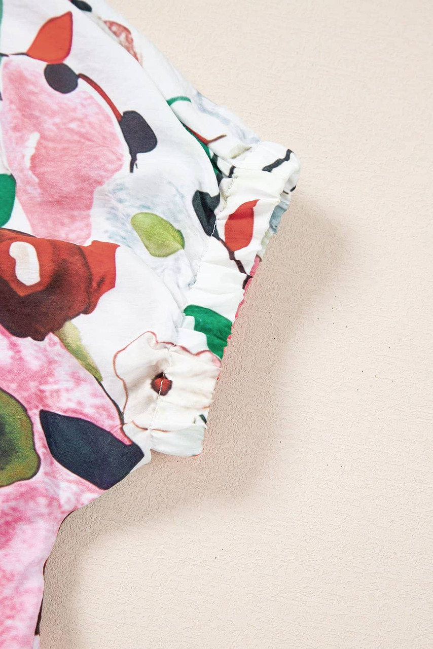 Pink Floral Print Slit V Neck Short Sleeve Blouse