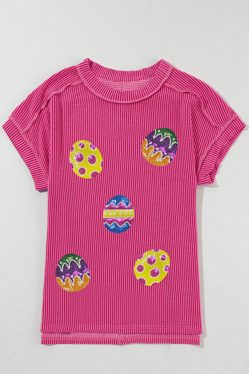 Rose Red Sequin Easter Egg Patched Graphic Crewneck Ribbed Tee