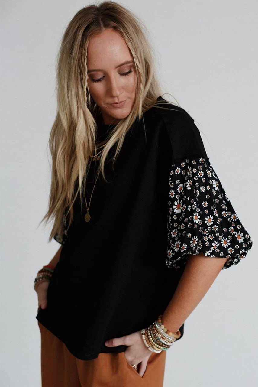 Black Contrast Floral Puff Sleeve Oversized Top