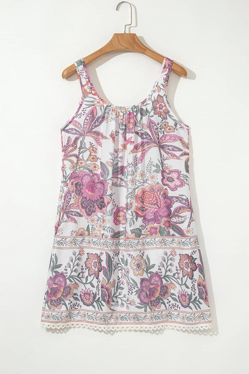 Multicolour Floral Print Fringed Tie U Neck Sleeveless Mini Dress