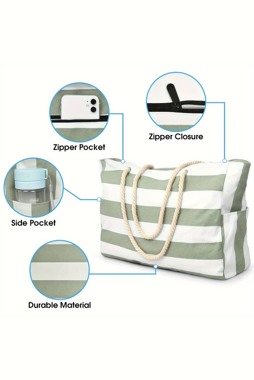 Smoke Green Striped Waterproof Canvas Large Capacity Tote Bag Smoke Green Striped Waterproof Canvas Large Capacity Tote Bag