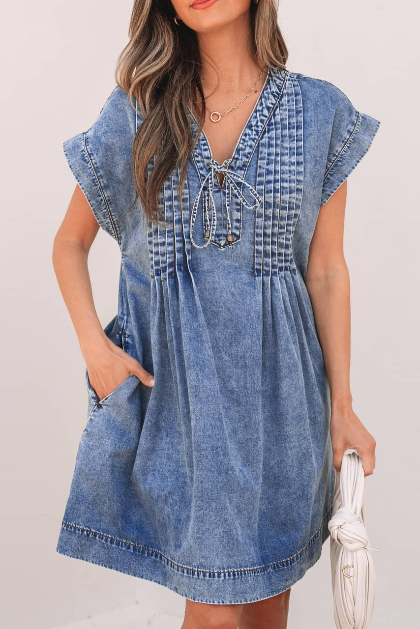 Beau Blue Tie V Neck Tucking Detail Short Sleeve Denim Shift Dress