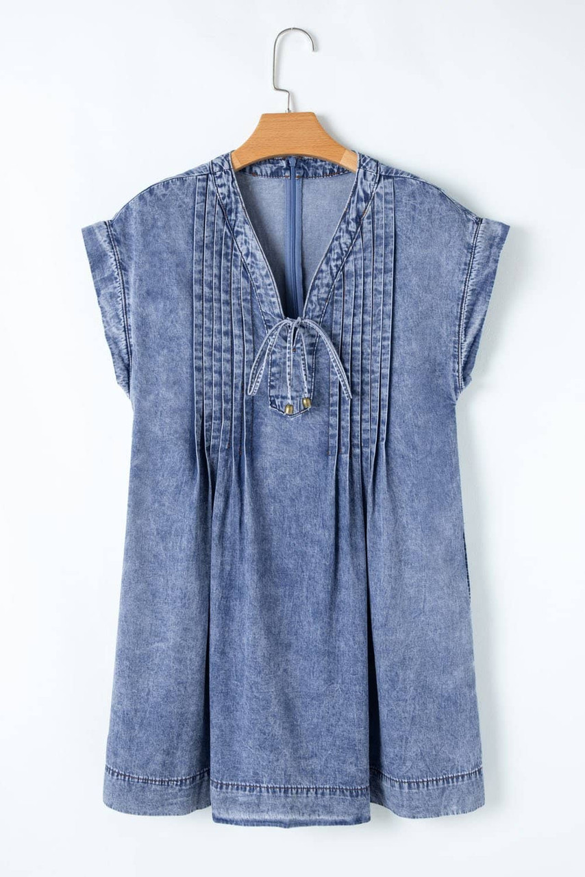 Beau Blue Tie V Neck Tucking Detail Short Sleeve Denim Shift Dress