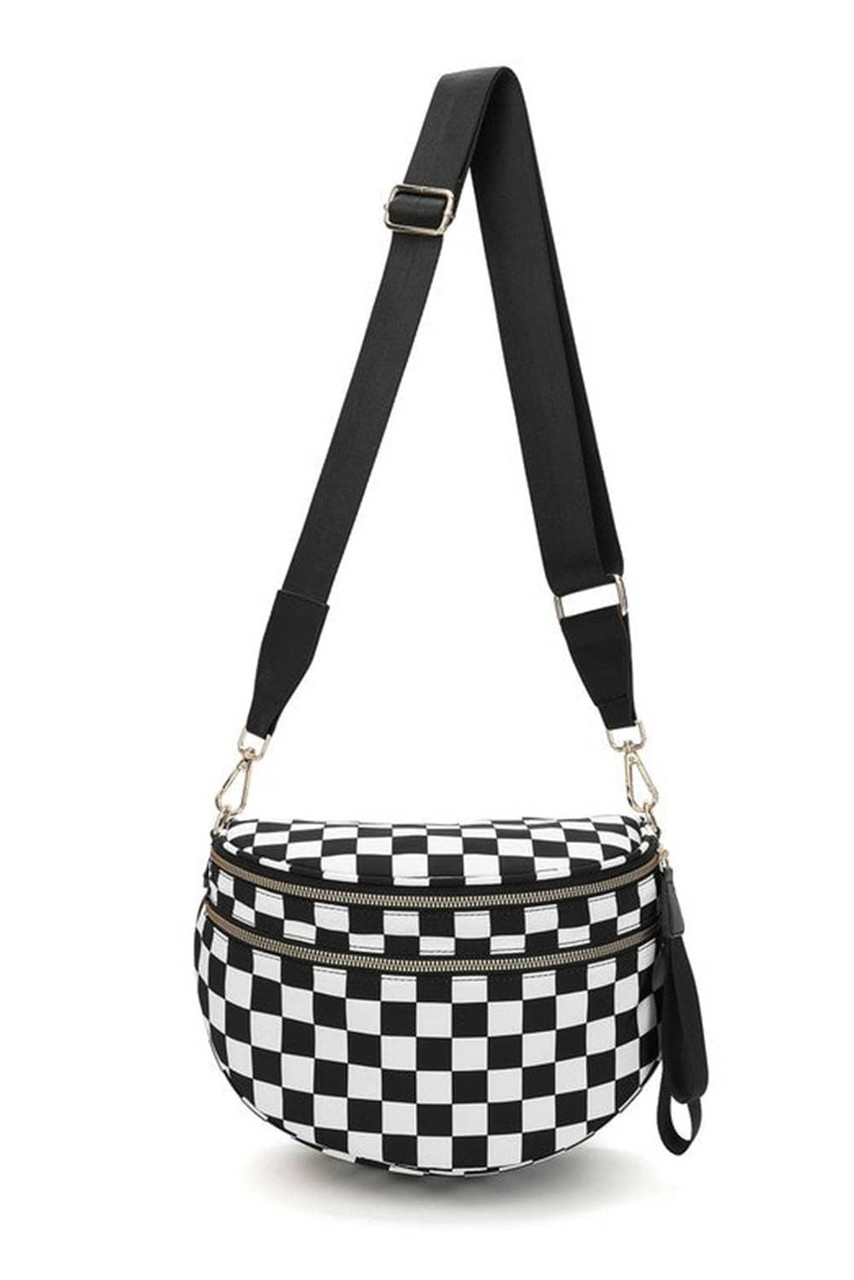 Color black Checkered Print Wide Strap Large Crossbody Bag