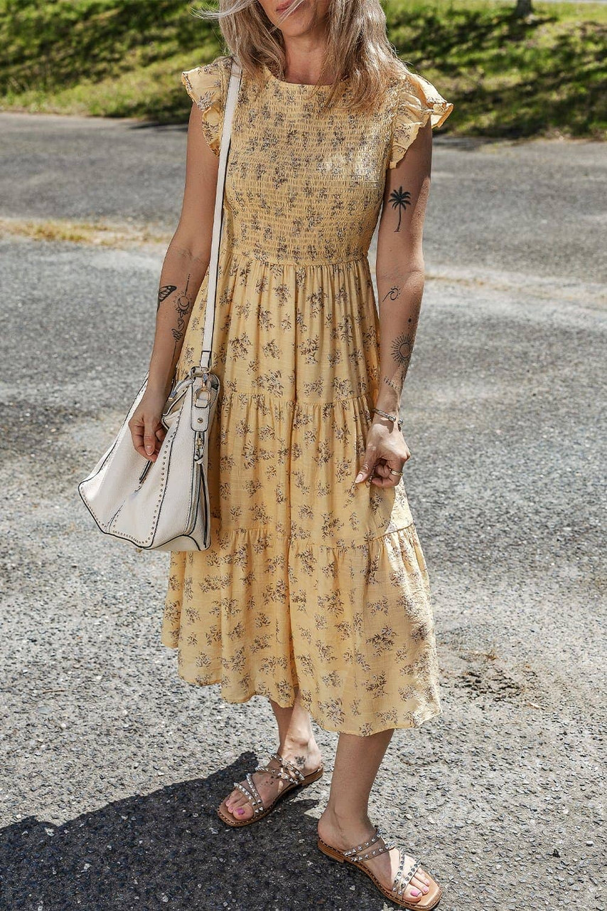 Yellow Boho Floral Print Ruffle Smocked Flowy Summer Dress