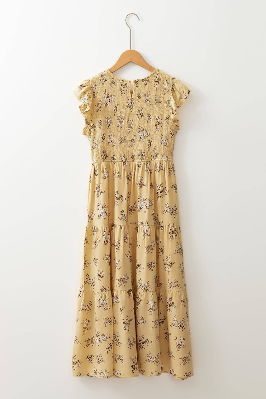 Yellow Boho Floral Print Ruffle Smocked Flowy Summer Dress