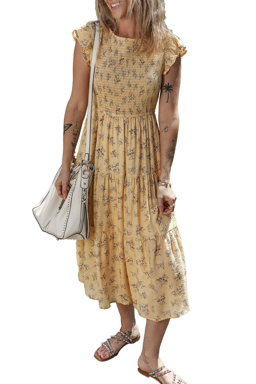 Yellow Boho Floral Print Ruffle Smocked Flowy Summer Dress