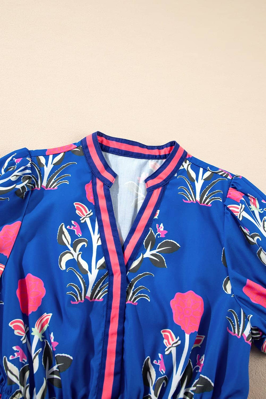 Sky Blue Floral Puff Short Sleeve V Neck High Waist Maxi Dress