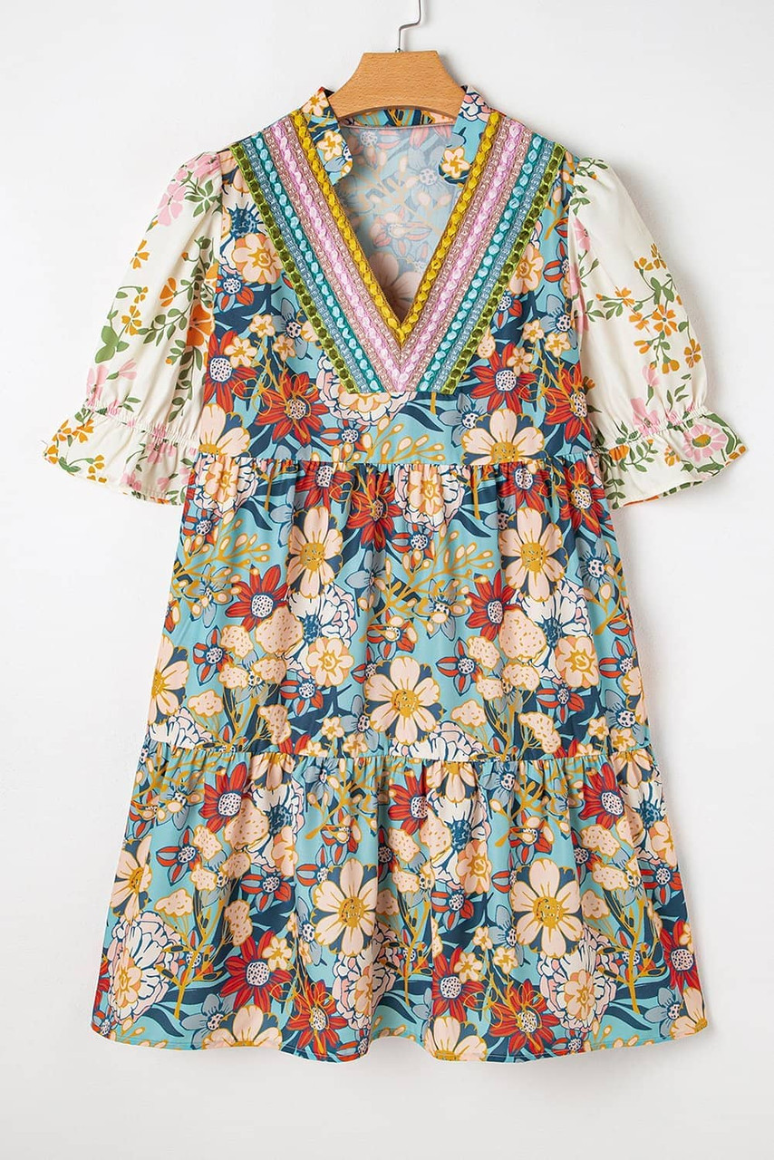 Multicolour Boho Floral Print Crochet Patchwork V Neck Loose Mini Dress