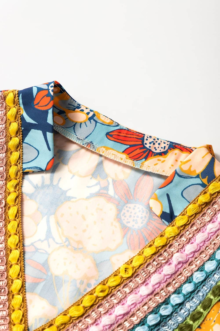 Multicolour Boho Floral Print Crochet Patchwork V Neck Loose Mini Dress