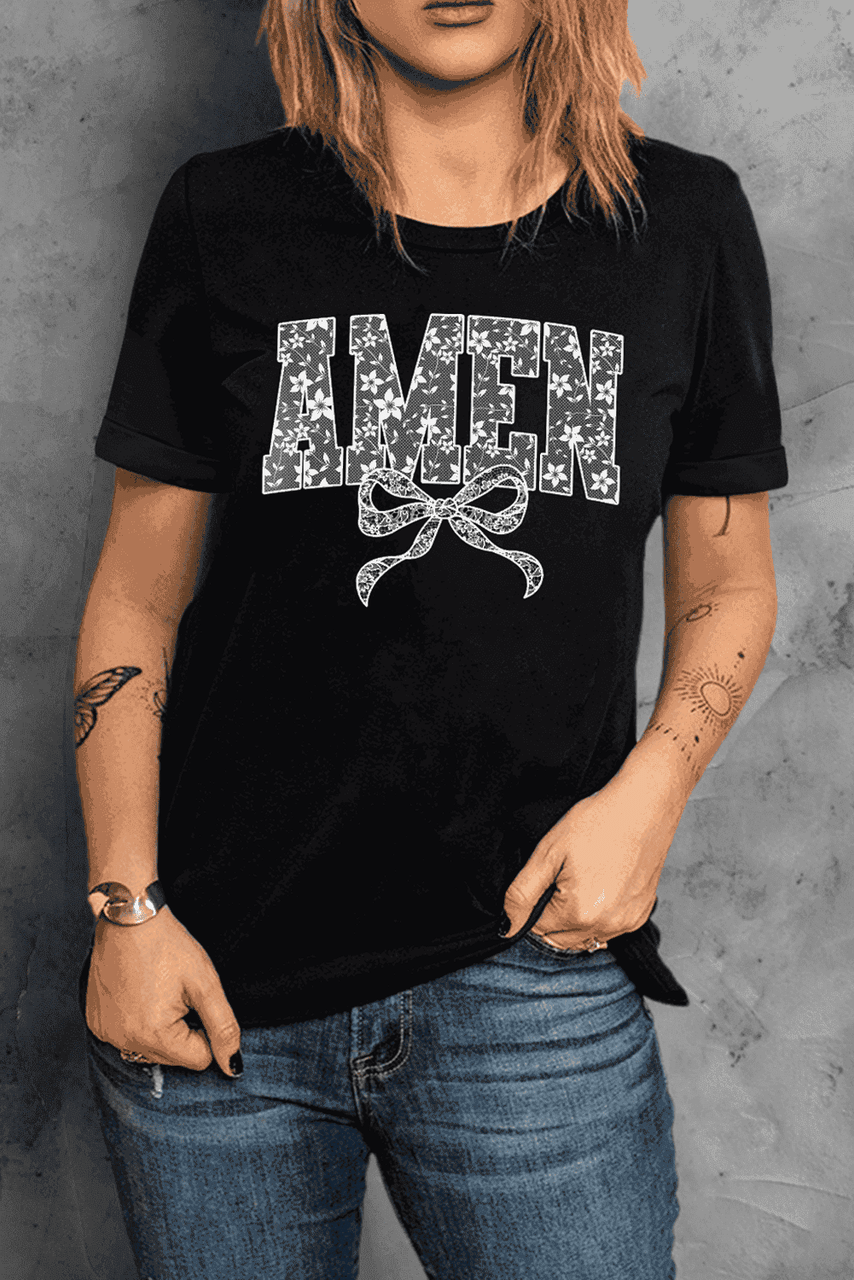 Black Floral AMEN Bow Printed T Shirt