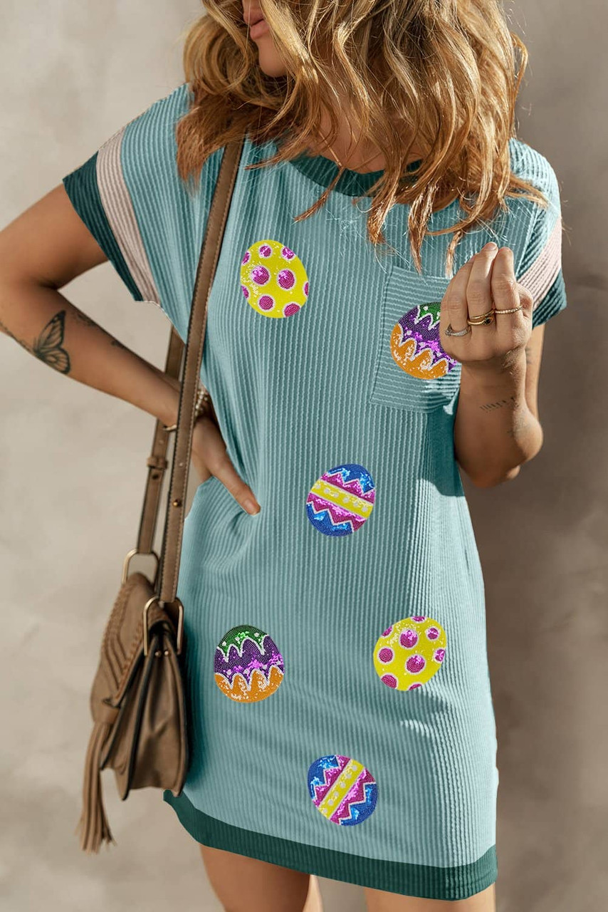Moonlight Jade Corded Easter Eggs Patched Colorblock Detail Short Shift Dress