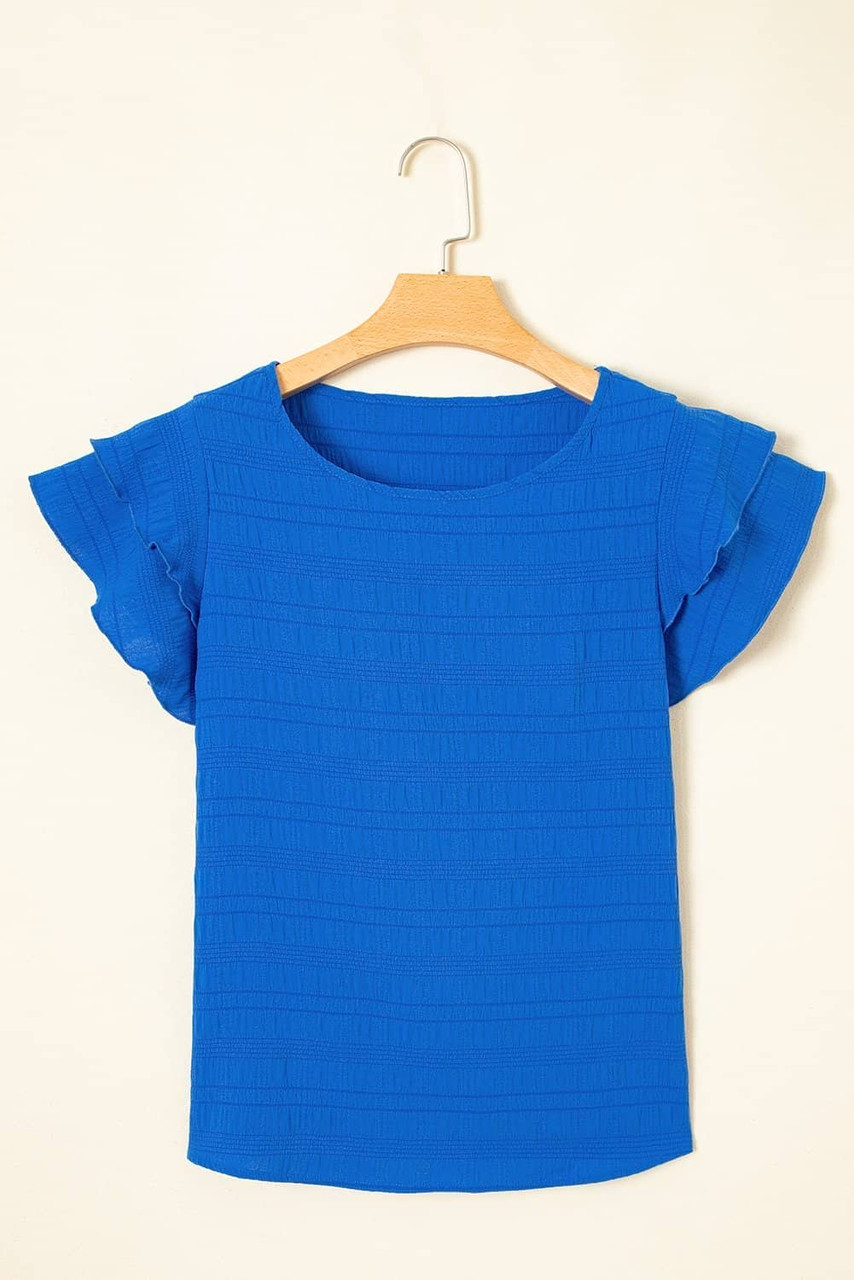 Dark Blue Textured Ruffled Sleeve Round Neck Top