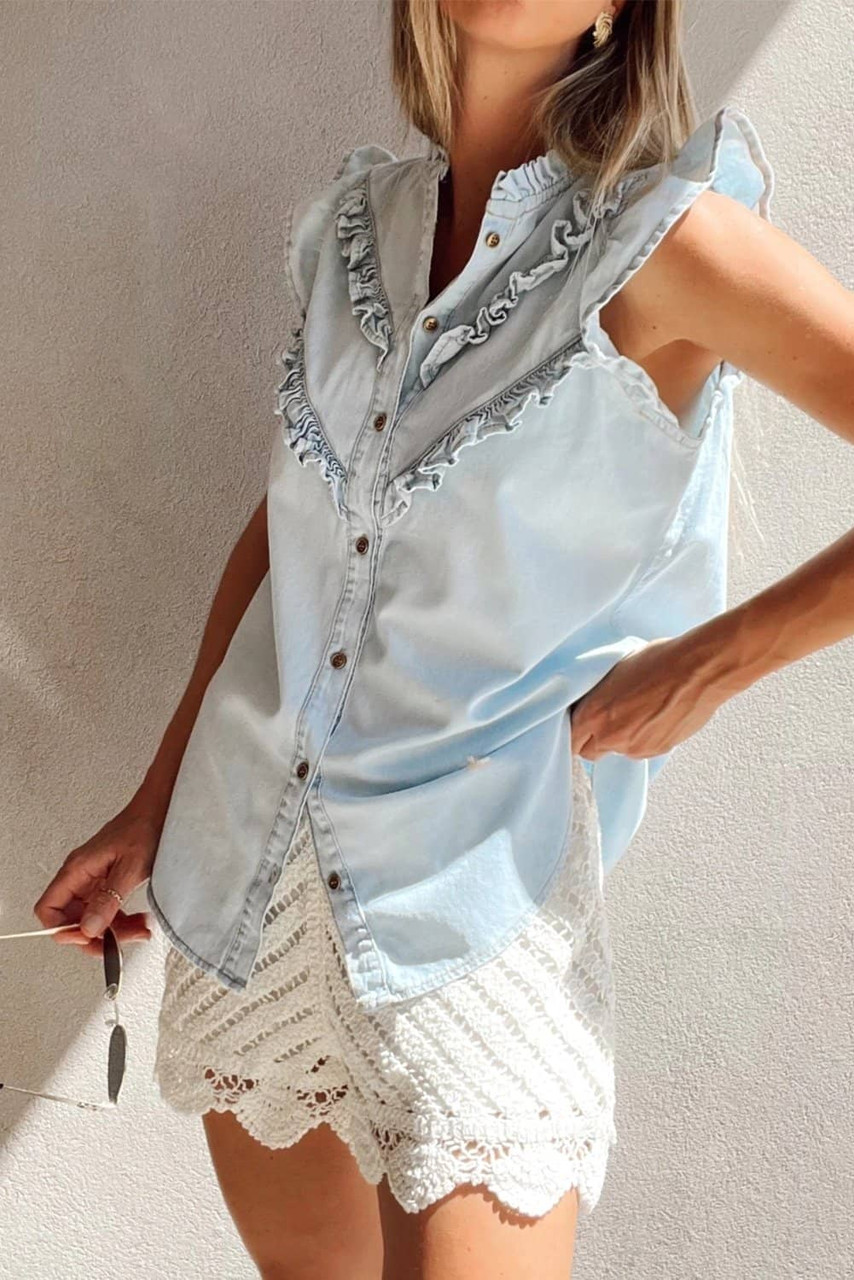 Beau Blue Mineral Wash Cap Sleeve Frilled Button Up Denim Shirt