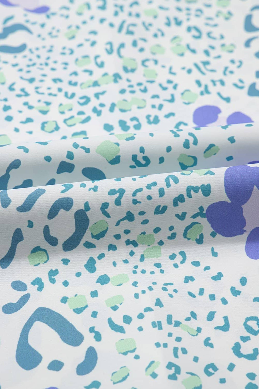 Sky Blue Mixed Leopard Print V Neck Short Sleeve Blouse