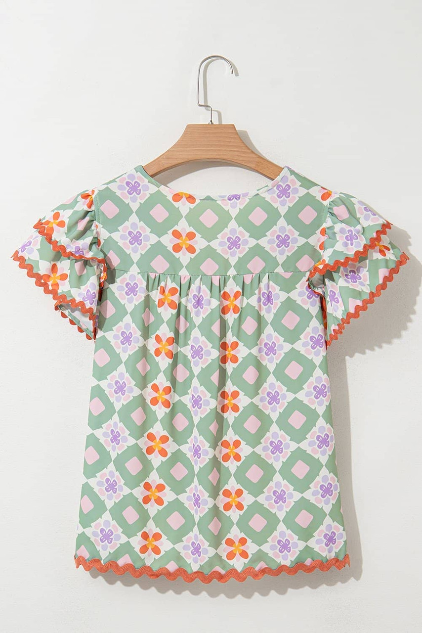 Green Geometric Floral Print Layered Flutter Sleeve V Neck Ric Rac Trim Blouse Green Geometric Floral Print Layered Flutter Sleeve V Neck Ric Rac Trim Blouse