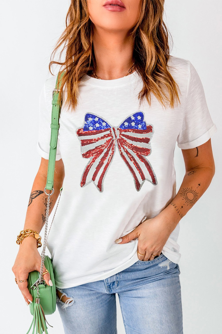 White USA Flag Bow Knot Patched Crew Neck T Shirt