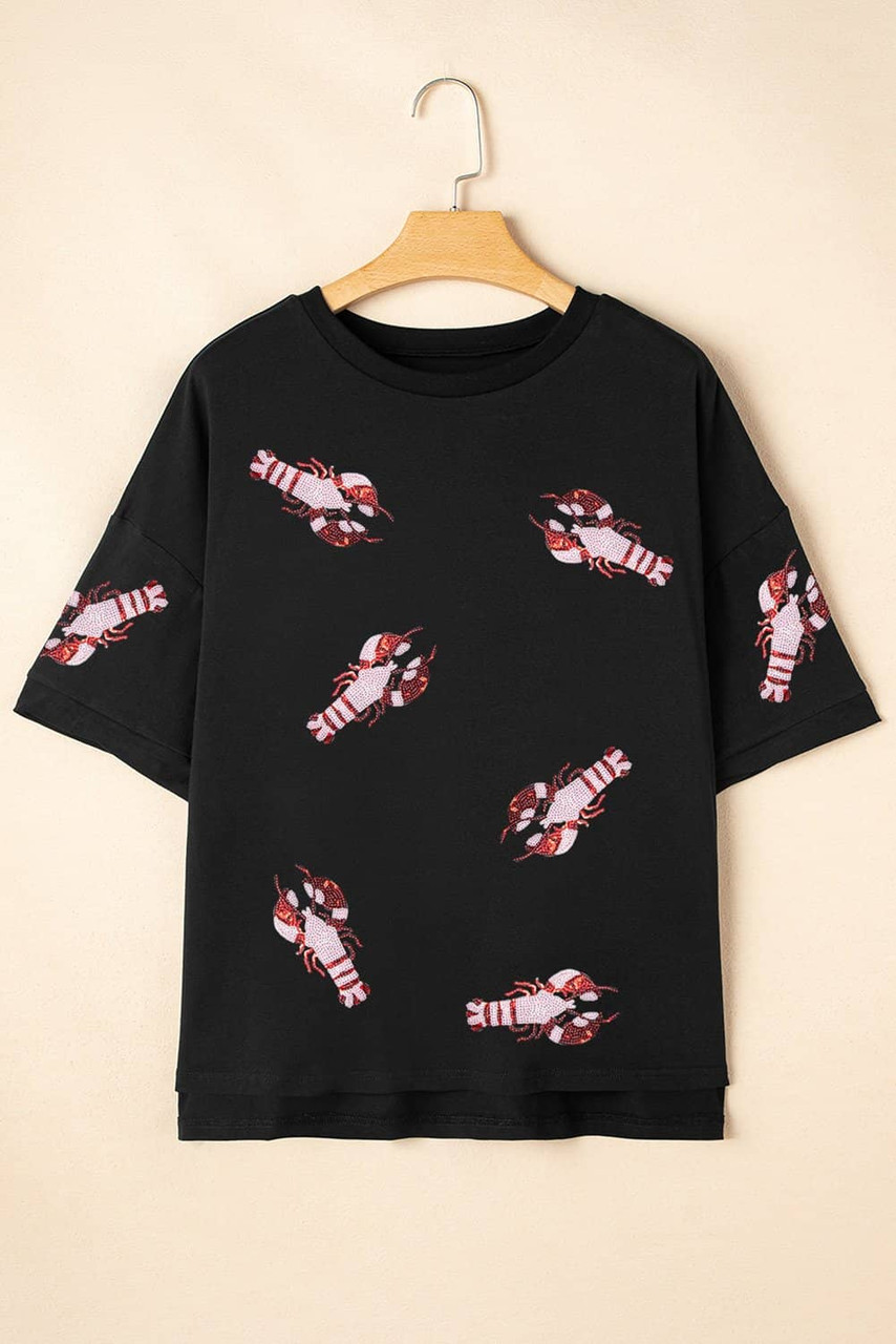 Black Sequin Crayfish Graphic Drop Sleeve High Low Tee Black Sequin Crayfish Graphic Drop Sleeve High Low Tee
